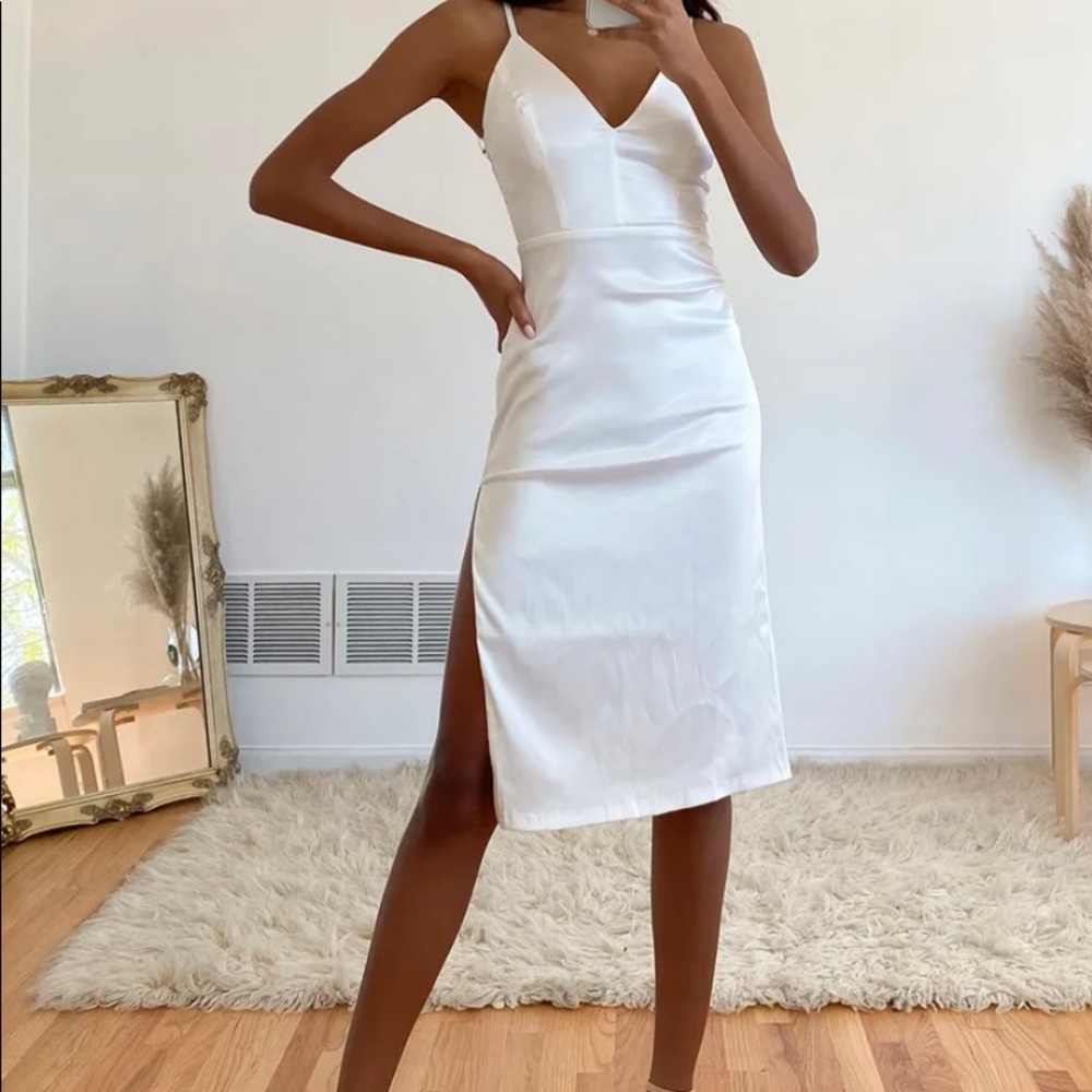 Stunning Sight White Embroidered Lace Satin Midi Dress